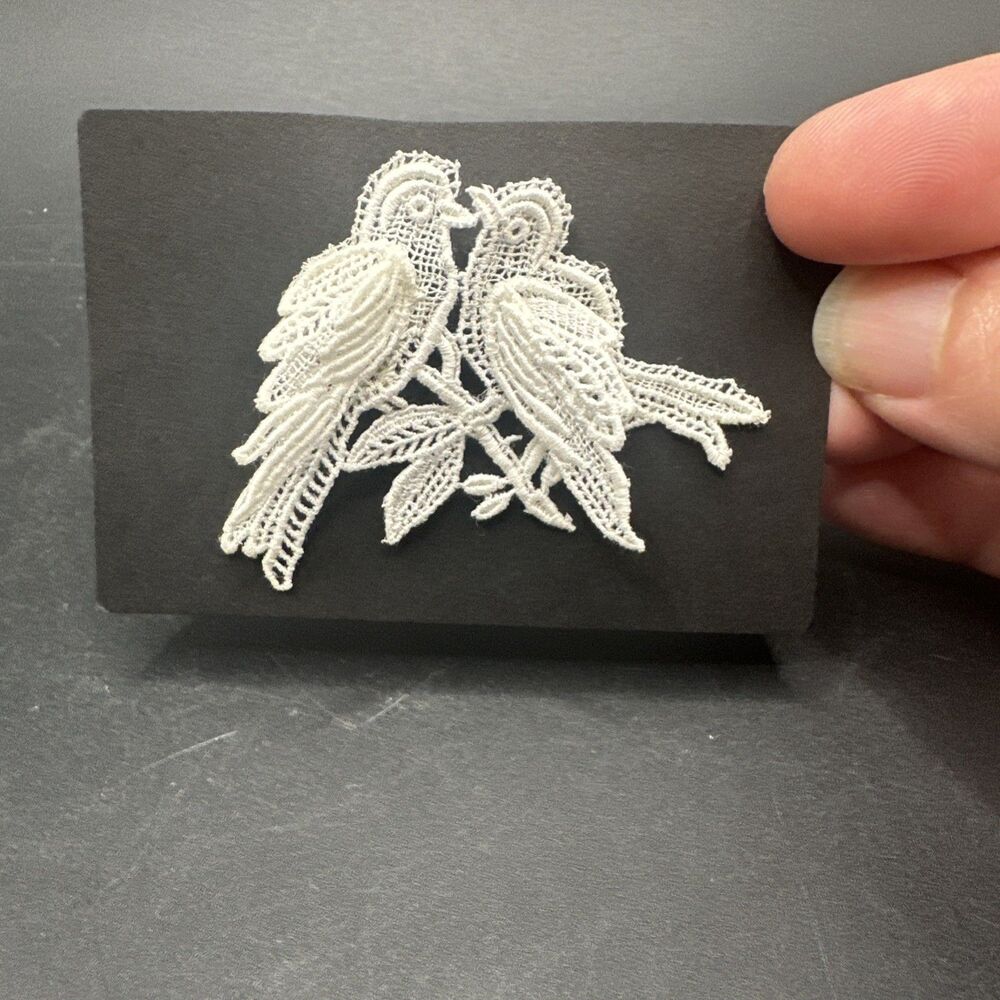 Love Birds Lace Brooch Pin White Bruges Belgium Costume Jewelry 2.2" Vintage